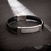 Stainless Steel Mans Black Leather Celtic Bracelet