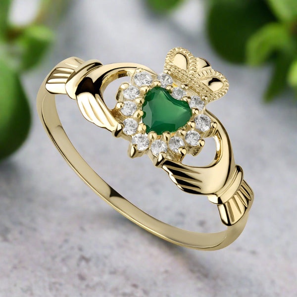 Solvar Ladies 10k Gold Green Agate Claddagh Ring