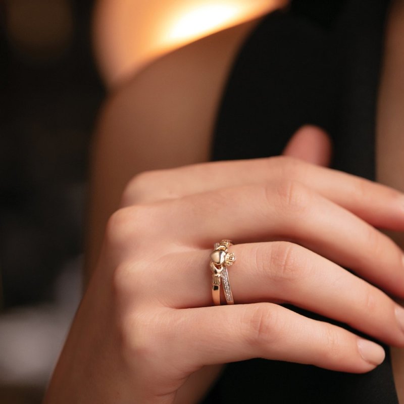 14K Gold Diamond Claddagh Crossover Ring - Skellig Gift Store