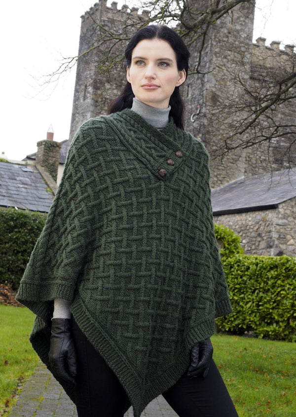 Nua Super Soft Green Merino Wool Aran Poncho 