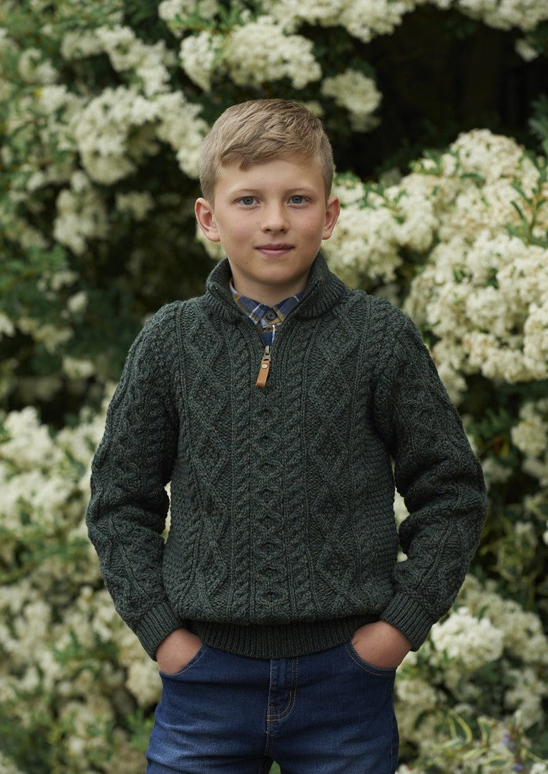 Boys Half Zip Aran Sweater | Green