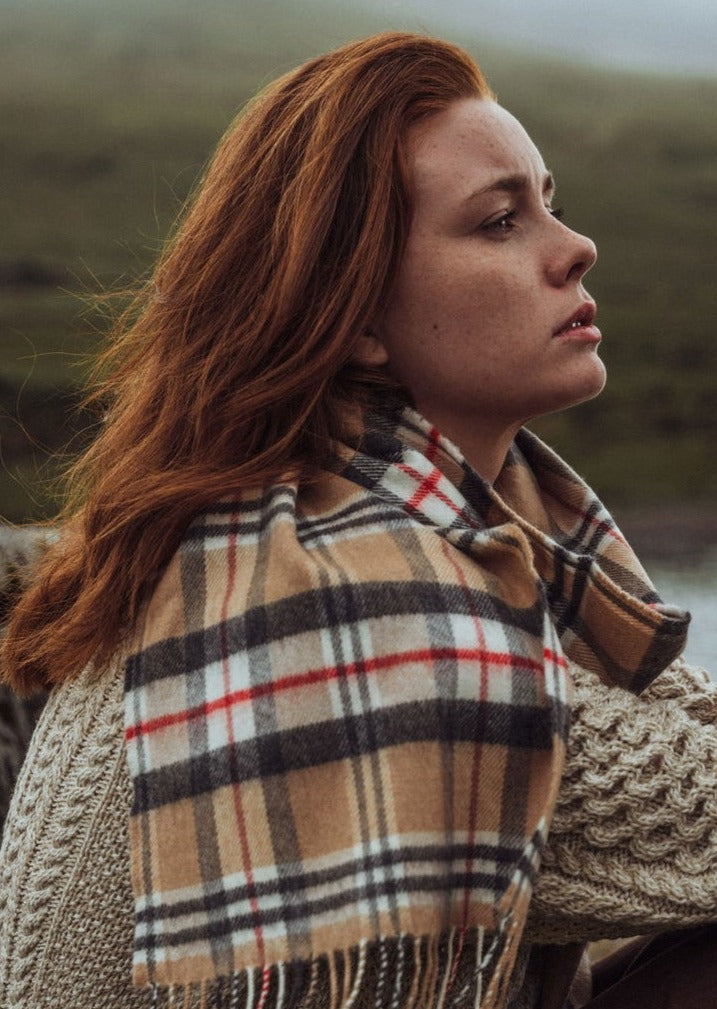 John Hanly Classic Camel Tartan Merino Scarf