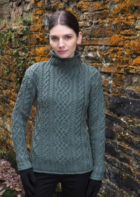 Aran Green Super Soft Merino Funnel Neck Sweater