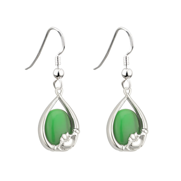 Solvar Rhodium Plated Green Cat Eye Claddagh Earrings S33331/G