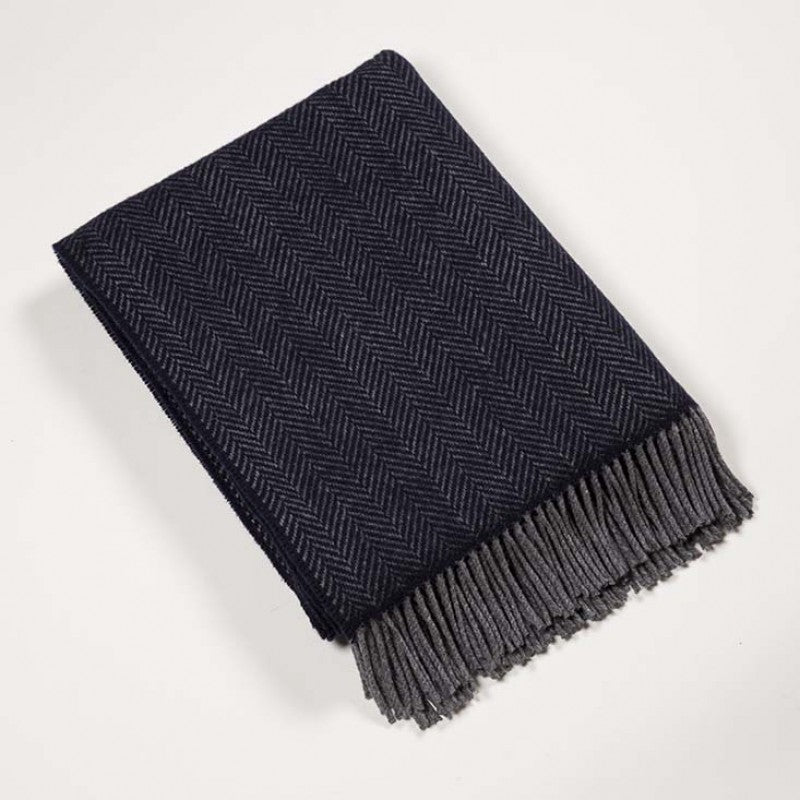 John Hanly Cashmere Navy Gray Herringbone Blanket 1408