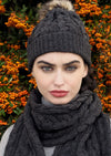 Aran Cable Knit Charcoal Pom Pom Ha