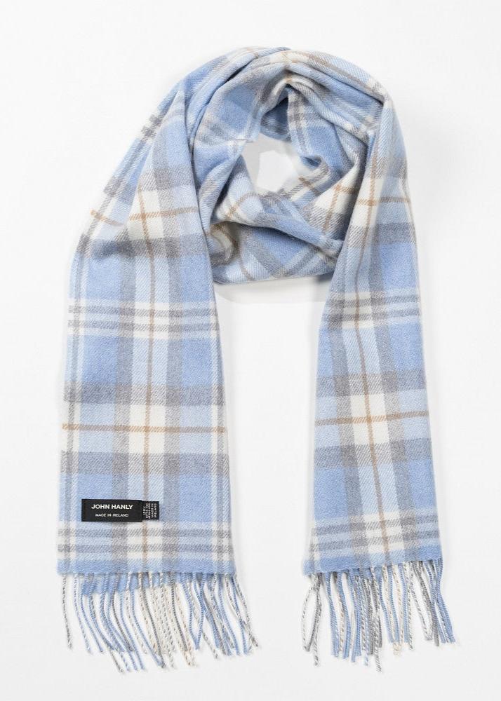 John Hanly Merino Blue and Cream Check Scarf