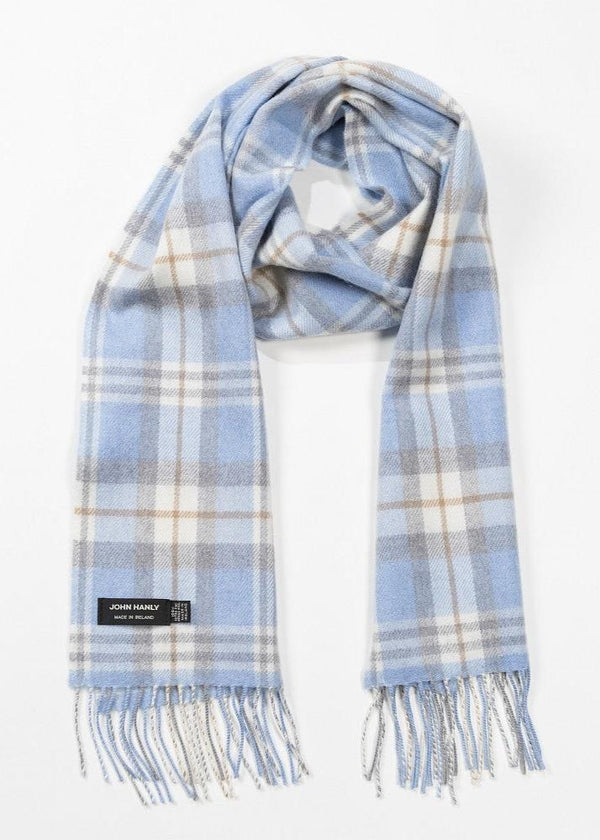 John Hanly Merino Blue and Cream Check Scarf