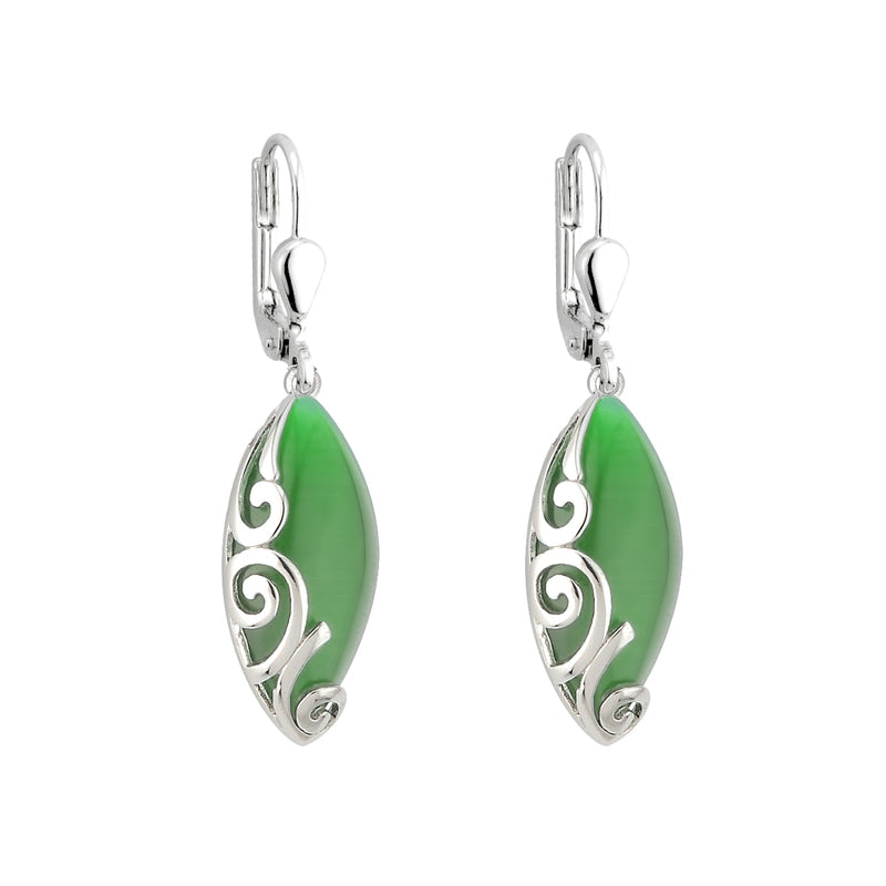 Solvar Rhodium Plated Green Cat Eye Celtic Drop Earrings S33291/G