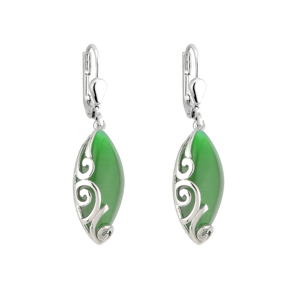 Solvar Rhodium Plated Green Cat Eye Celtic Drop Earrings S33291/G