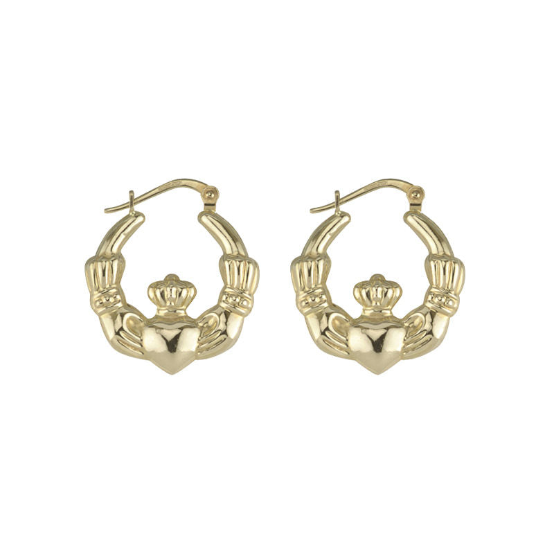Solvar 9k Yellow Gold Small Claddagh Hoop Creole Earrings s3938