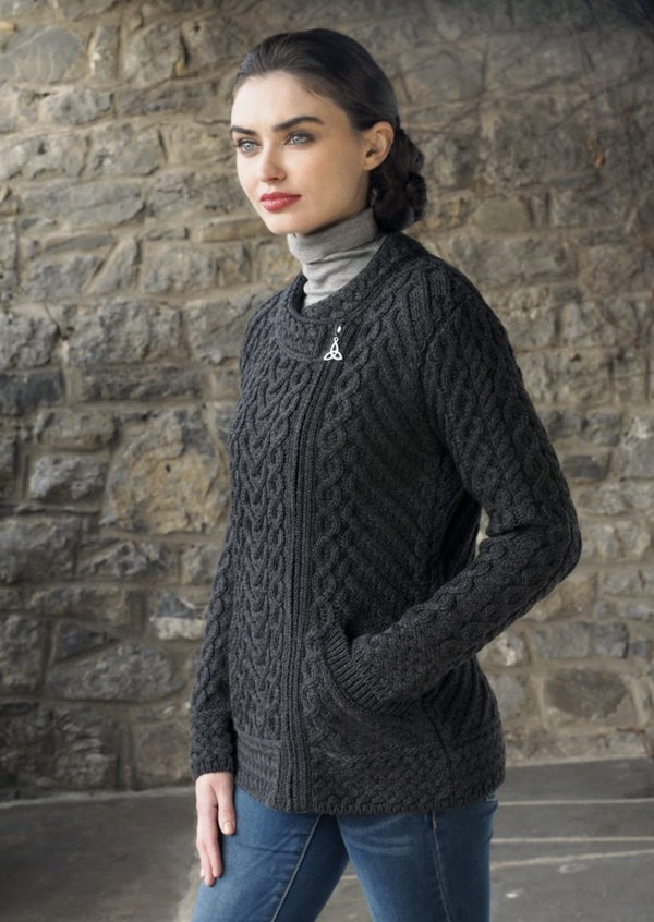 Aran Heart Design Zip Charcoal Cardigan