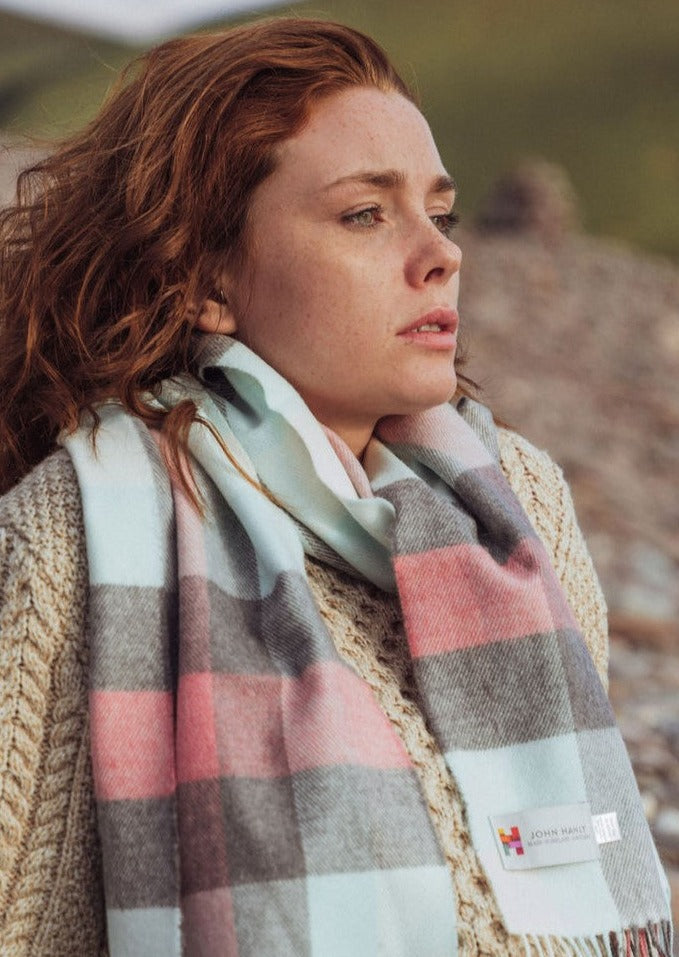 John Hanly Aqua Grey Cream & Pink Scarf