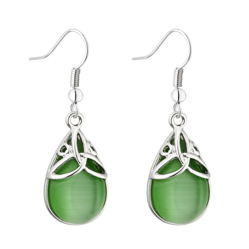 Solvar Rhodium Green Cat Eye Trinity Drop Earrings S33785
