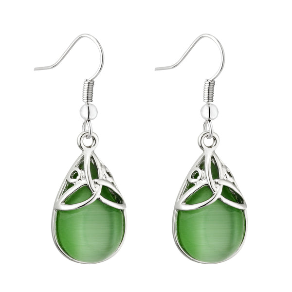 Solvar Rhodium Green Cat Eye Trinity Drop Earrings S33785