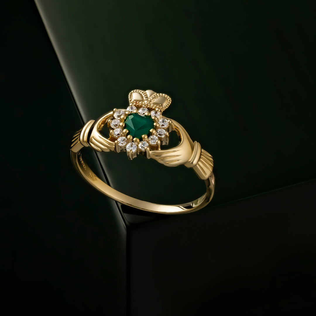 Solvar Ladies 10k Gold Green Agate Claddagh Ring