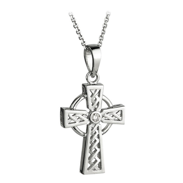 14K White Gold Diamond Celtic Cross Necklace