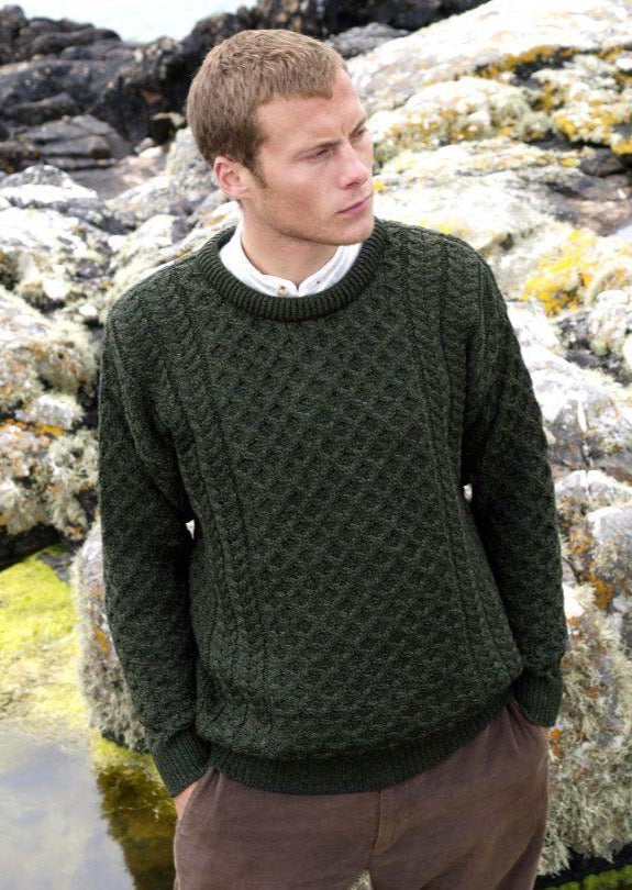 Kildare Merino Crew Neck Green Aran Sweater