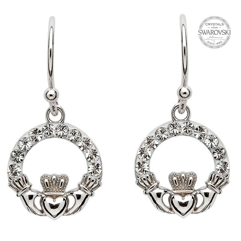 Swarovski Crystal Sterling Silver Dangle Claddagh Earrings