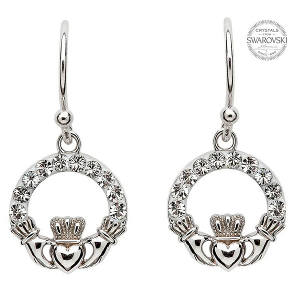 Swarovski Crystal Sterling Silver Dangle Claddagh Earrings