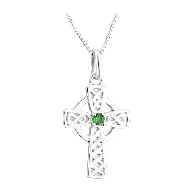 Sterling Silver Large Green Crystal Cross Pendant