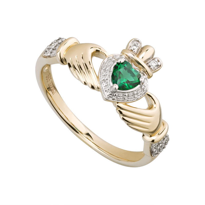 14K Gold Diamond & Emerald Claddagh Ring