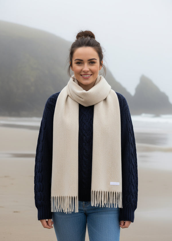 Foxford Bone And White Herringbone Cashmere Scarf
