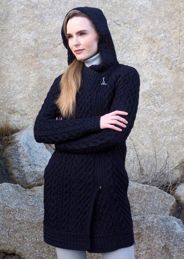 Aran Crafts Heart Design Navy Hooded Coat