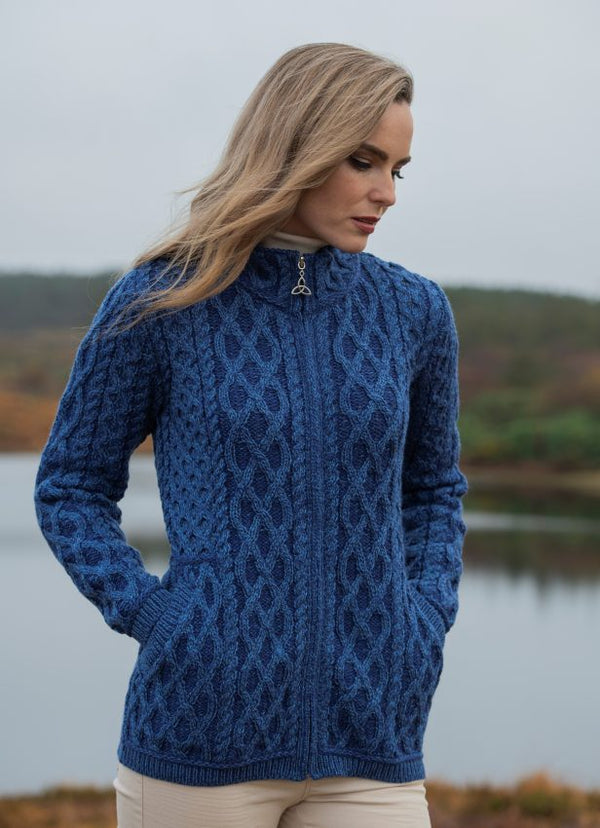 Aran Crafts Yeats Plated Zip Cardigan - Blue