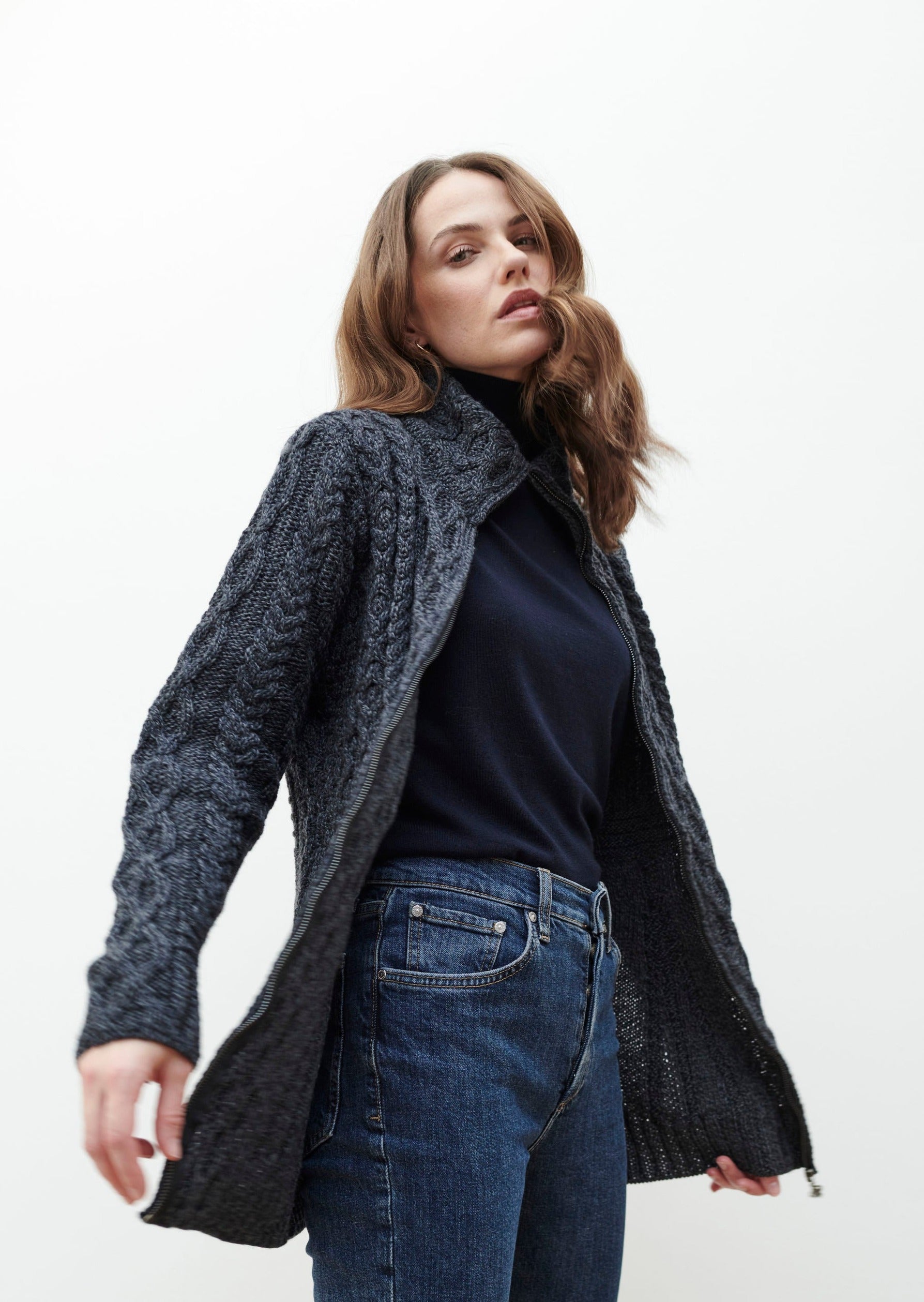 Ladies Merino Wool Aran Zipper Charcoal Cardigan