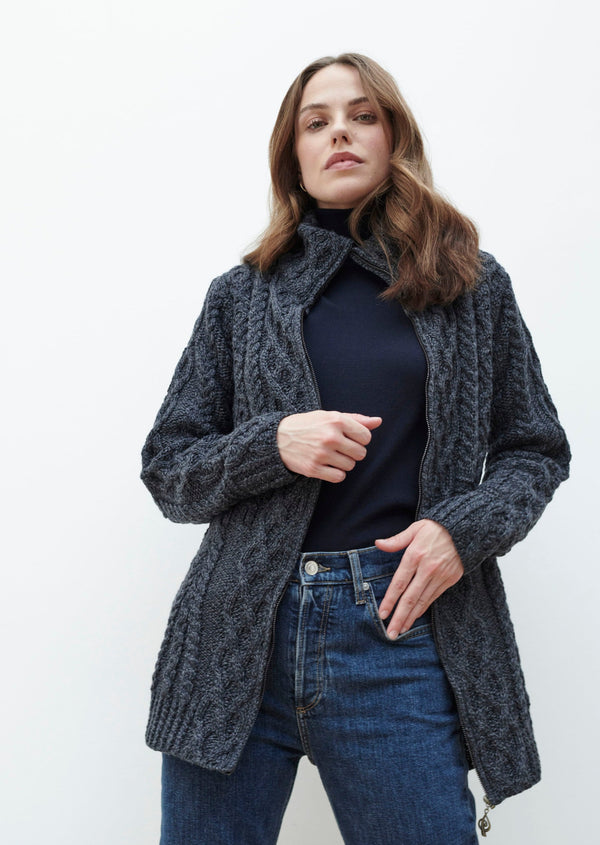Ladies Merino Wool Aran Zipper Charcoal Cardigan