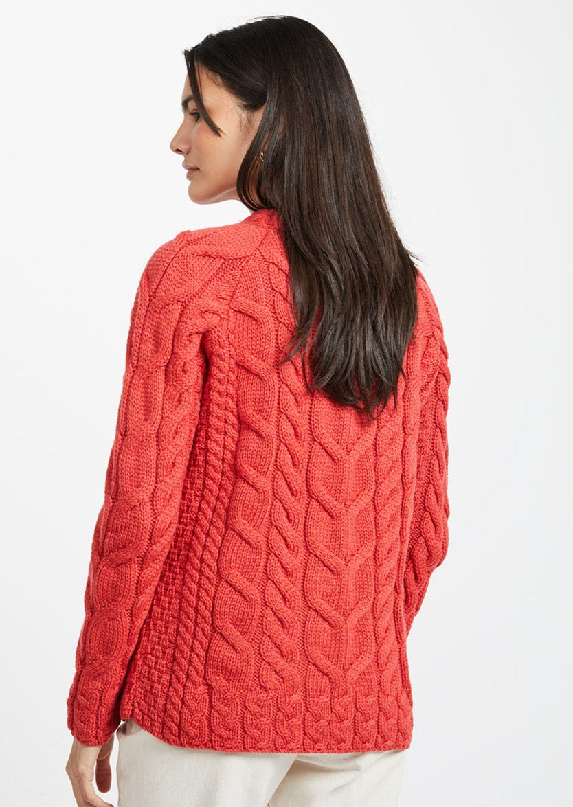 Listowel Ladies Aran Cabled Sweater - Coral