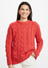 Listowel Ladies Aran Cabled Sweater - Coral
