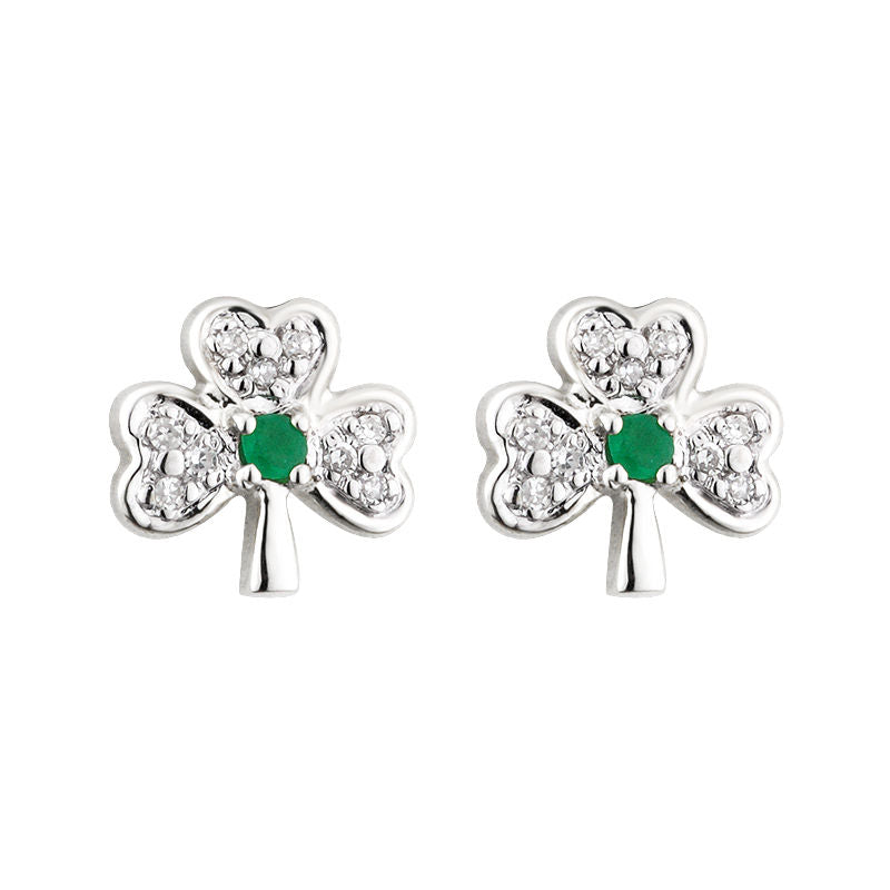14K White Gold Diamond & Emerald Shamrock Stud Earrings