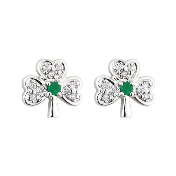 14K White Gold Diamond & Emerald Shamrock Stud Earrings