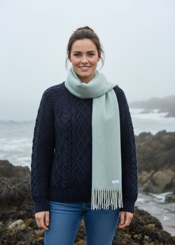 Foxford Sage & White Herringbone Cashmere Scarf