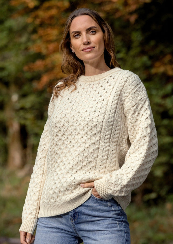 Unisex Aran Crew Neck Merino Sweater | Natural