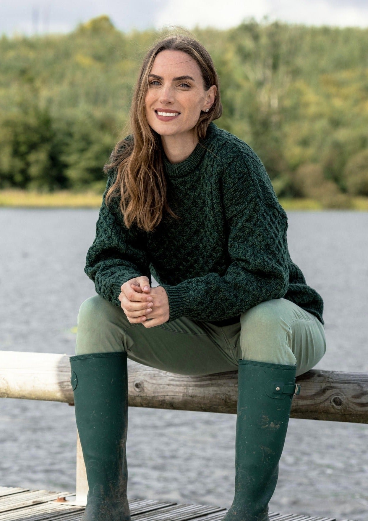 Unisex Aran Crew Neck Merino Sweater | Green