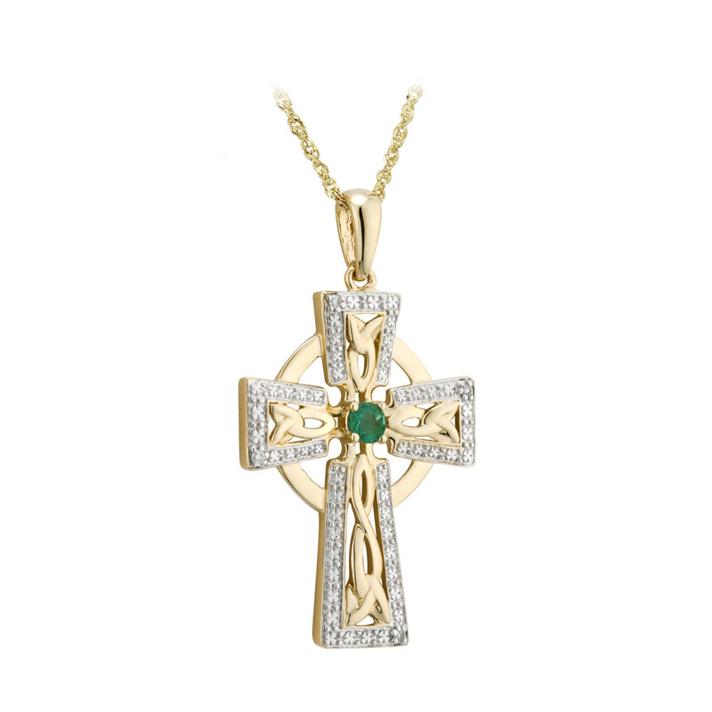 14K Gold Diamond & Emerald Cross Necklace