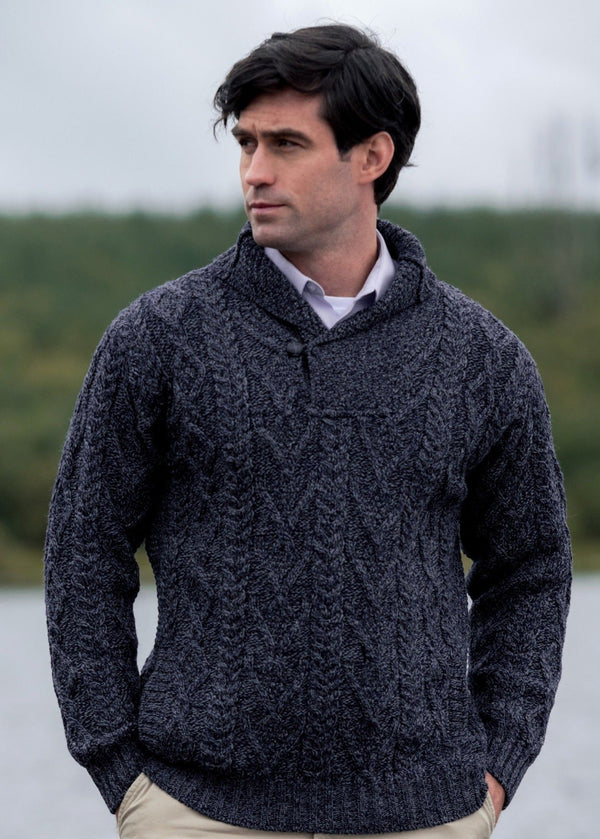 Dublin Shawl Collar Cormonant Blue Aran Sweater