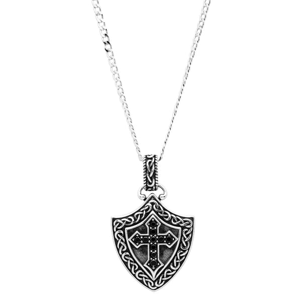 Sterling Silver Men’s Black Spinel Celtic Cross Shield Necklace