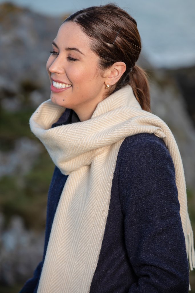 Foxford Bone And White Herringbone Cashmere Scarf