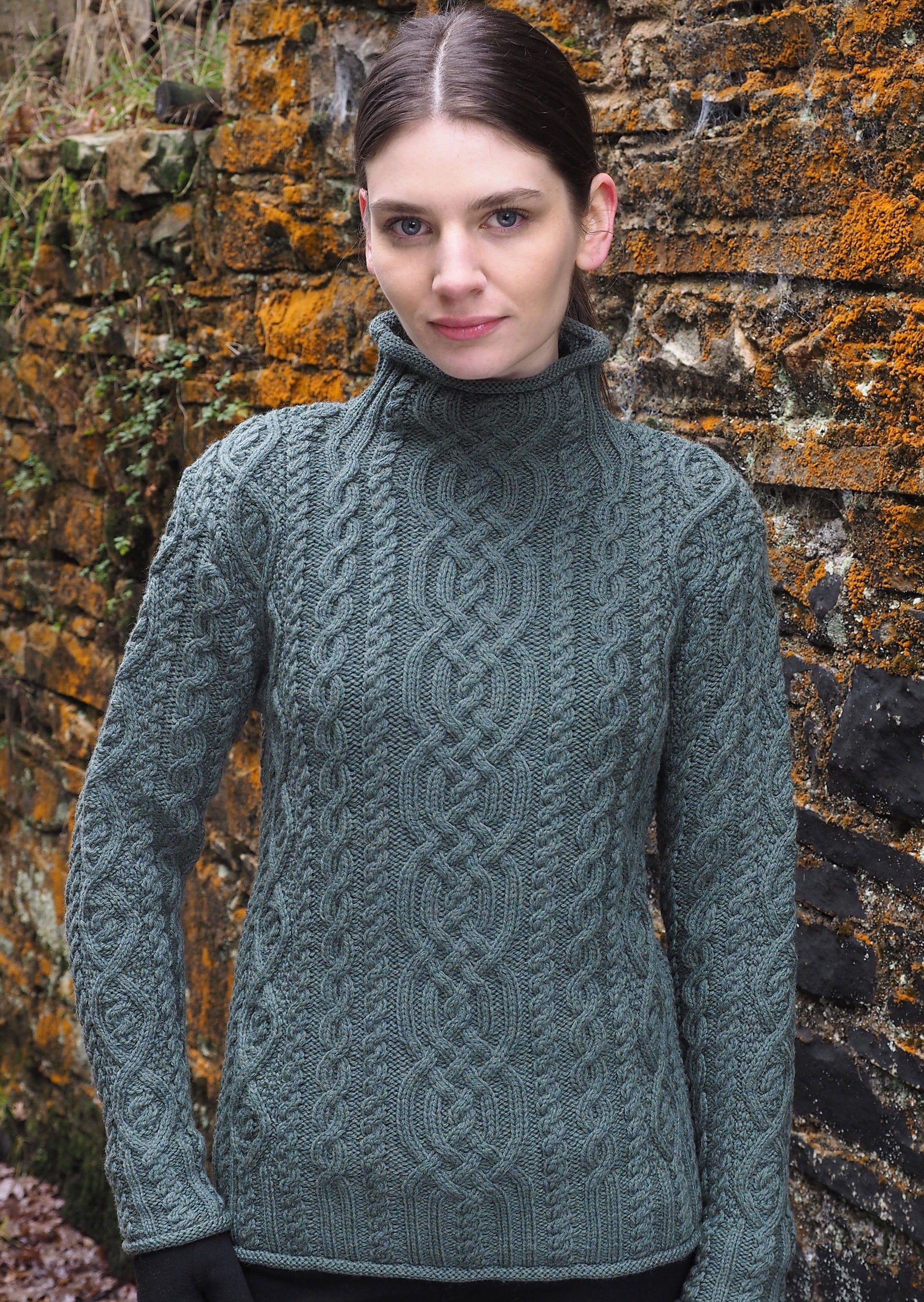 Aran Green Super Soft Merino Funnel Neck Sweater