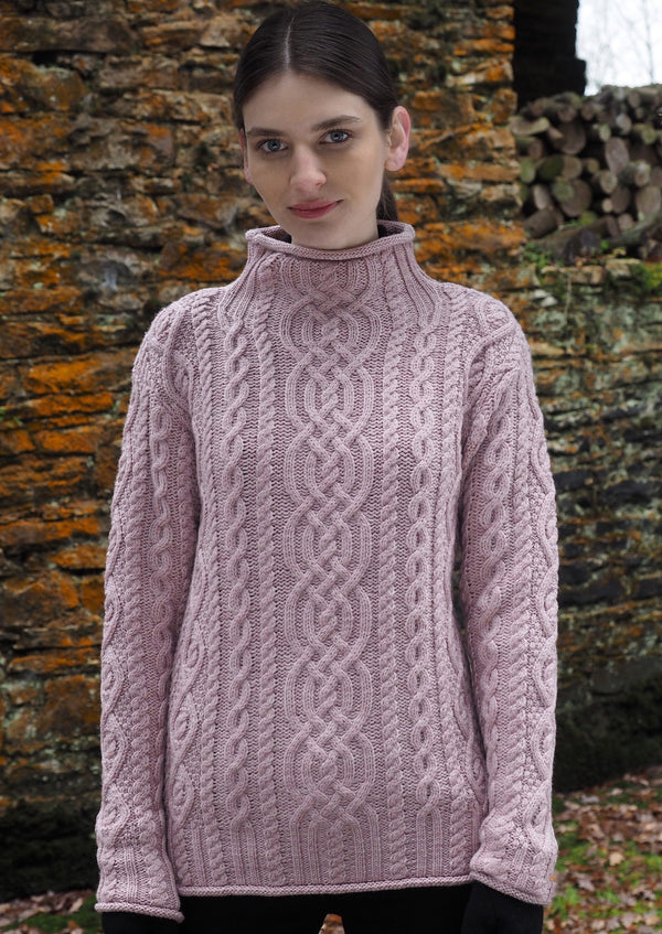 Super Soft Funnel Neck Aran Sweater - Pink