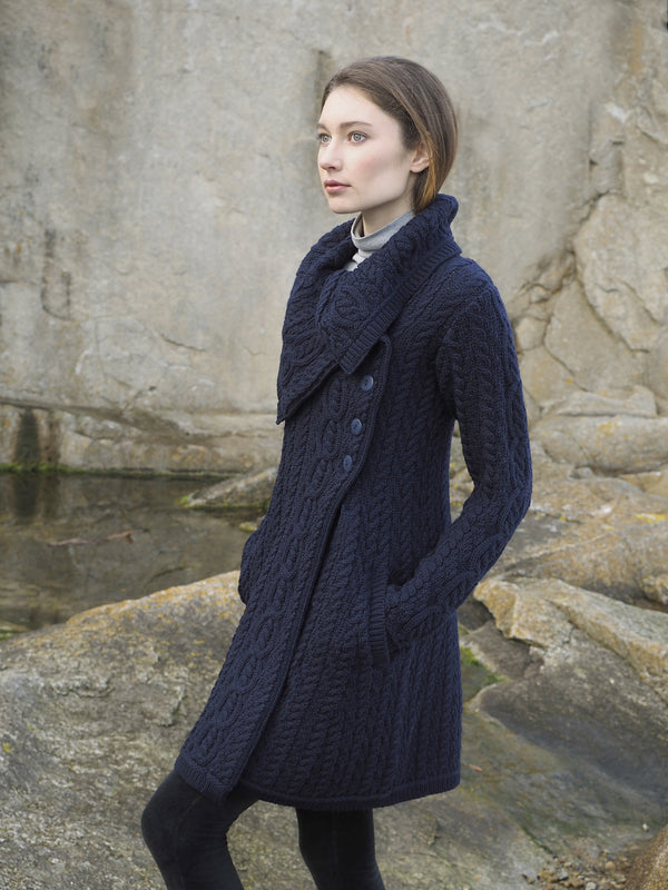 Aran Crafts Chunky Collar Navy Coat