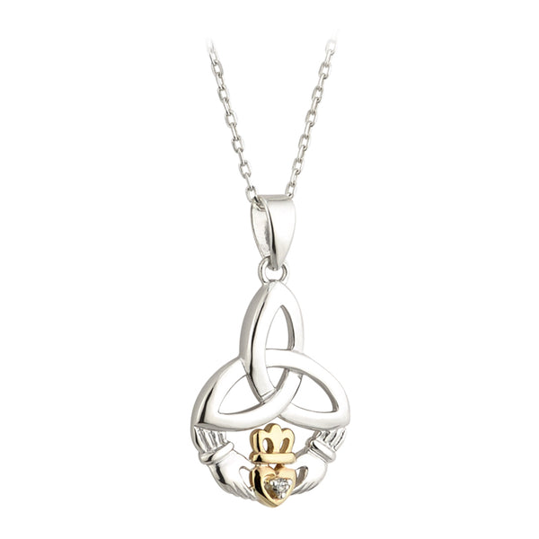 Solvar Silver 10K Gold & Dia Trinity Claddagh Pendant S45344