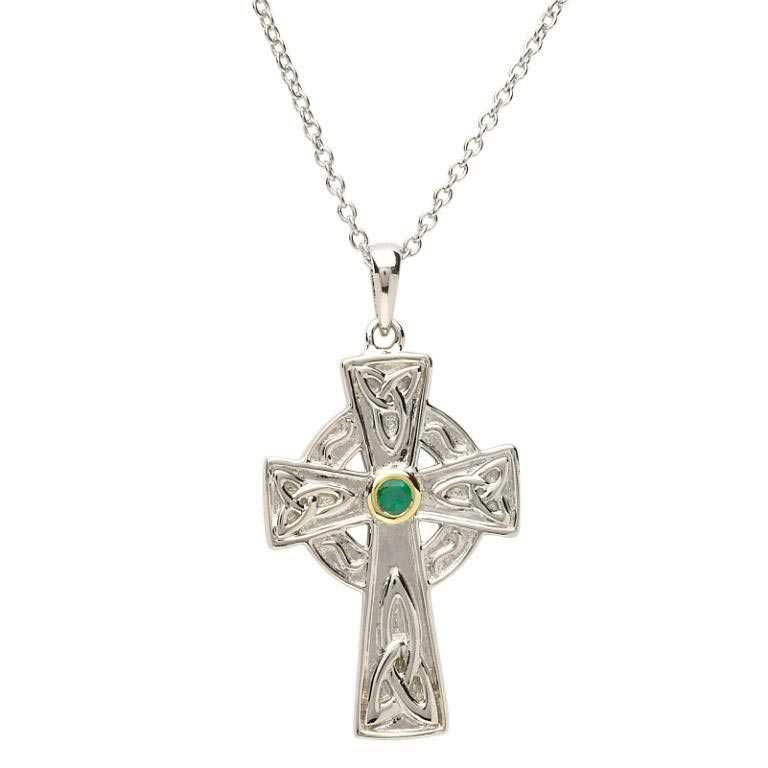 Silver Emerald Set Celtic Knot Design Cross