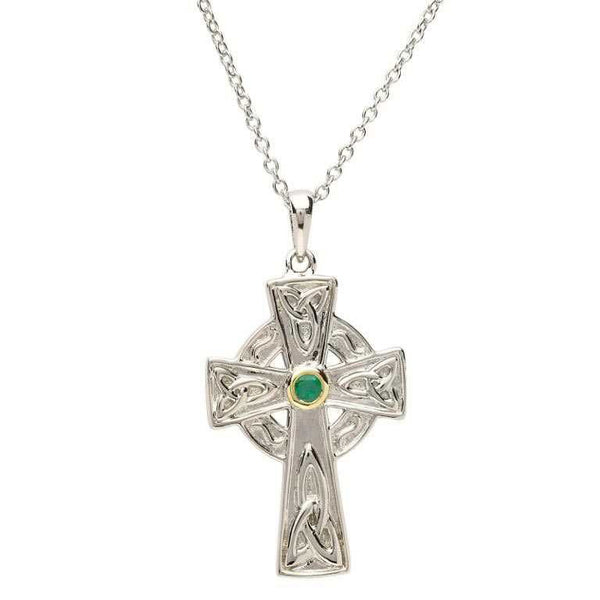 Silver Emerald Set Celtic Knot Design Cross
