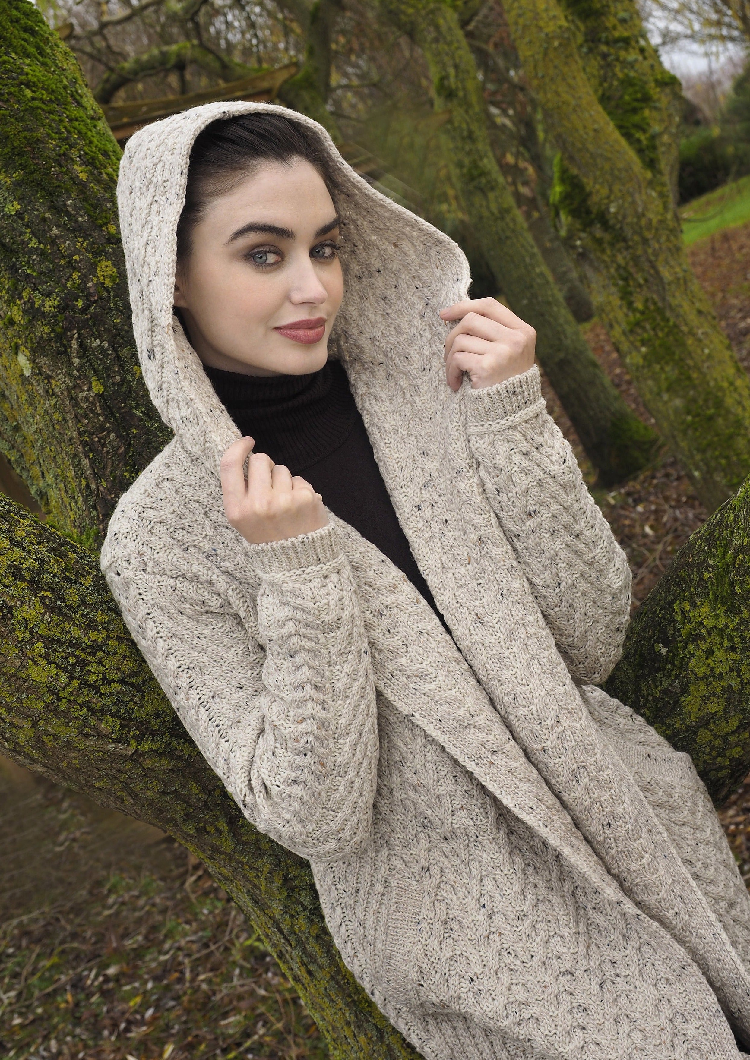 Aran Crafts Oatmeal Herringbone Shawl Hooded Cardigan