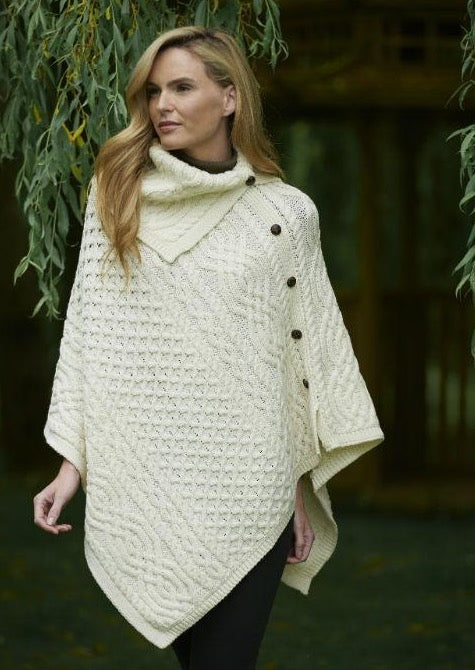 Aran Tipperary Cowl Neck Natural Poncho